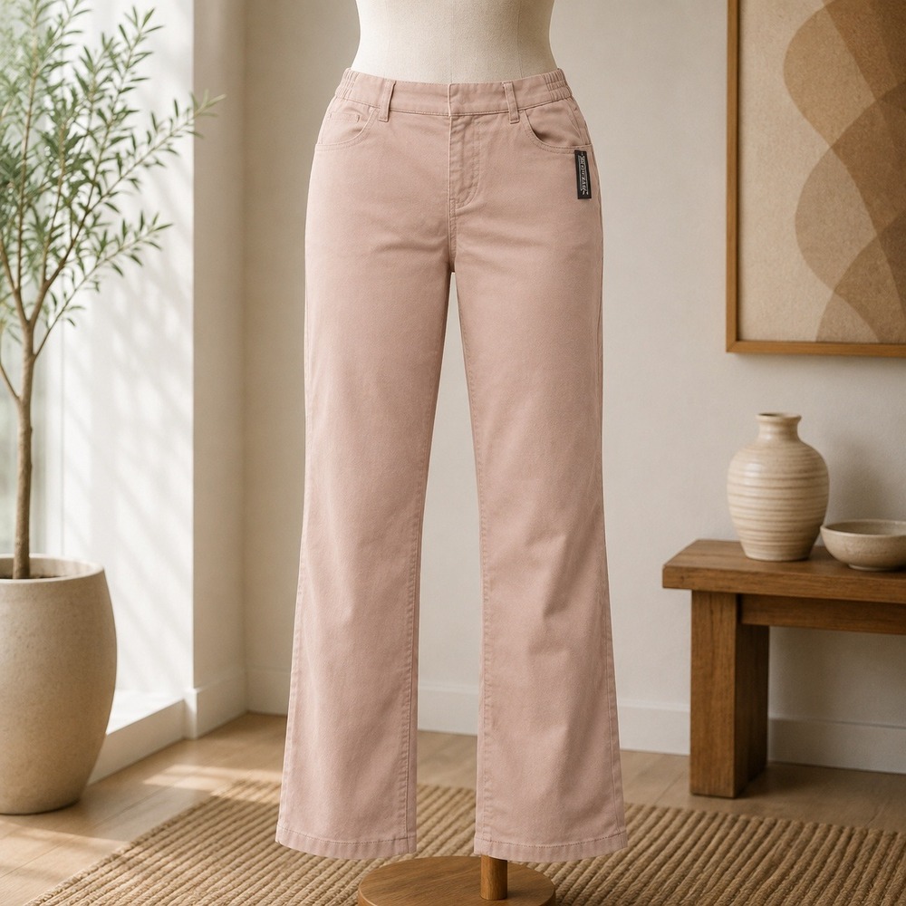 NWT Denim & Co. Pull-On Pants Womens 20WP Tan Straight Leg Stretch Casual